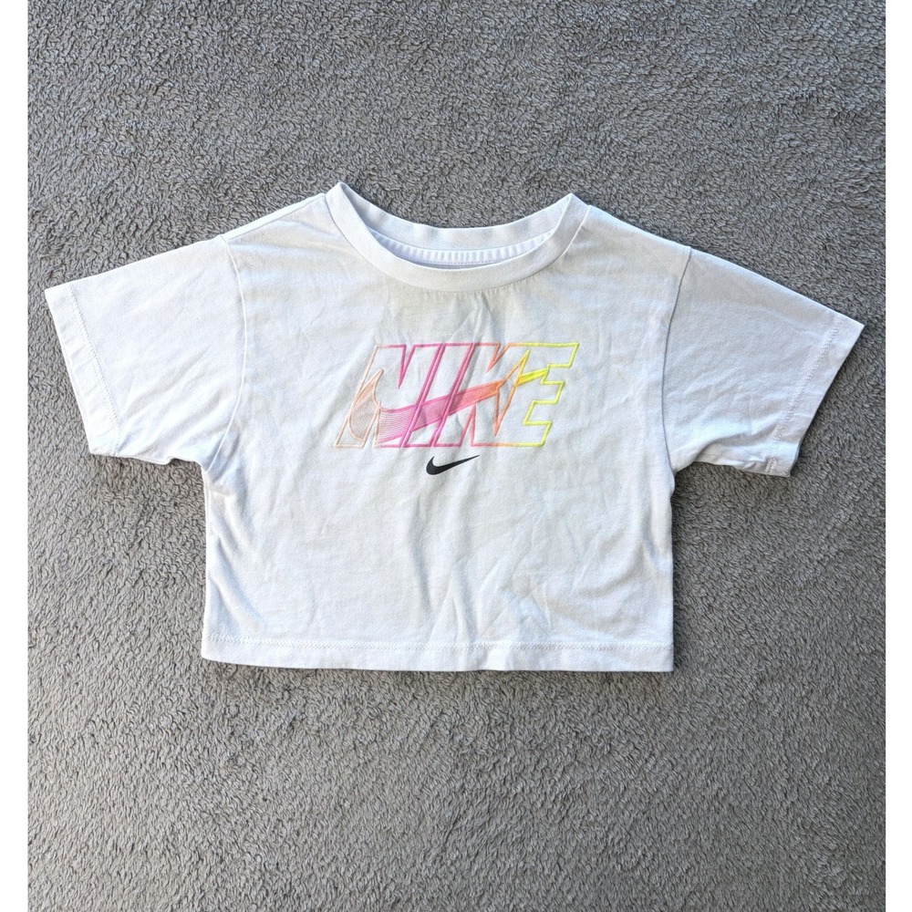 Nike Graphic T-Shirt Toddler Girls 2T White Pink Yellow Swoosh Logo Short Sleeve